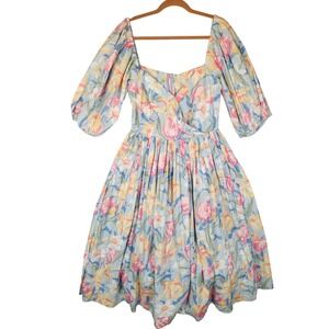 Batsheva x Laura Ashley Dress Size 8 Blue Pink Tulips Floral Puff Sleeve Midi